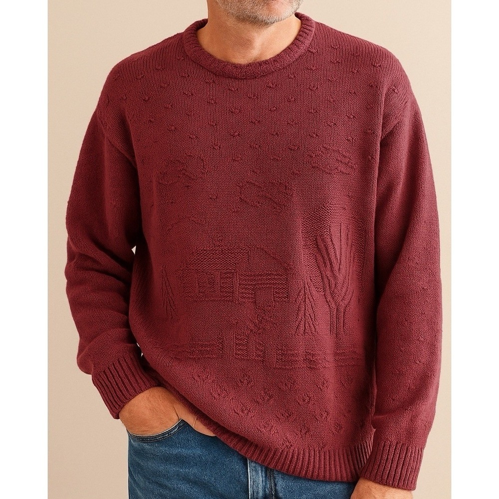 Vintage 90s Barn Scene Sweater, Maroon Men's Large Made in Canada Dadcore